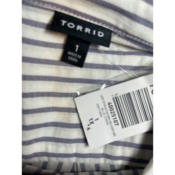 Torrid 1 Vanilla Slate Blue Vertical Striped Button Collar Long Sleeve Shirt - Picture 5 of 5